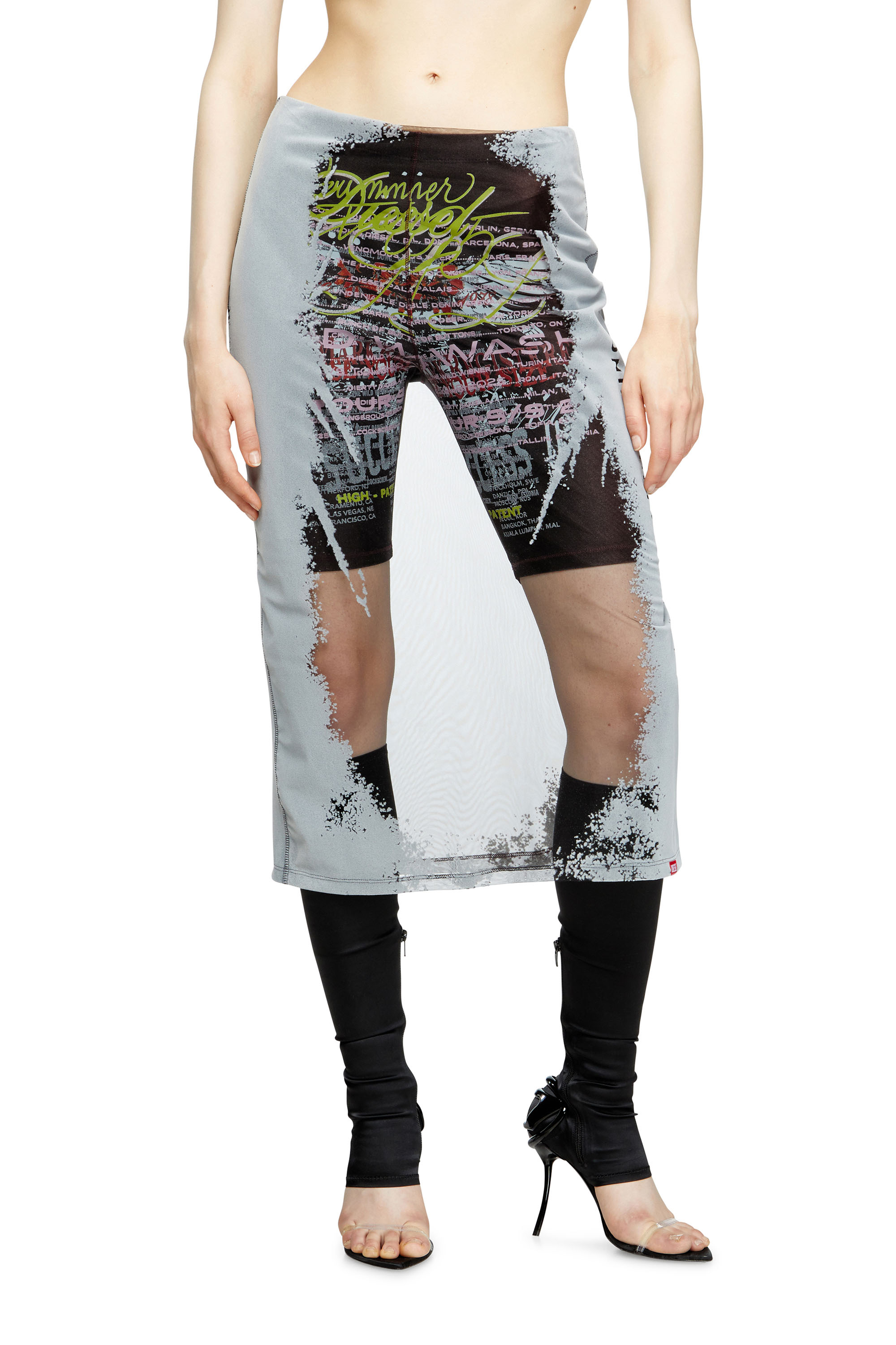 Diesel - O-LYAC, Damen Mehrlagiger Midi-Rock mit Text-Print in Schwarz/Grau - 1