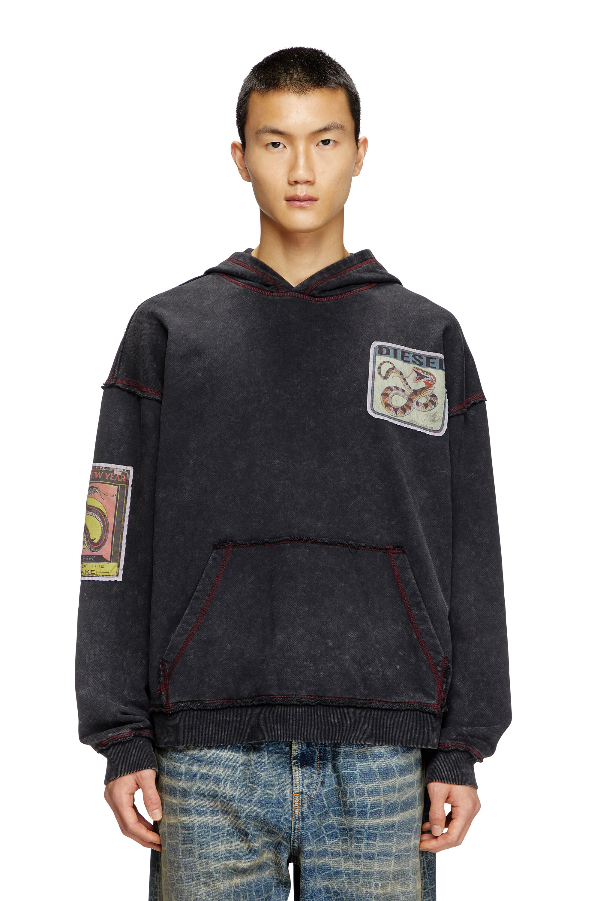 Diesel - CL-S-BOXT-HOOD-SNAKE, Unisex Behandelter Hoodie mit Schlangen-Patches in Schwarz - 2