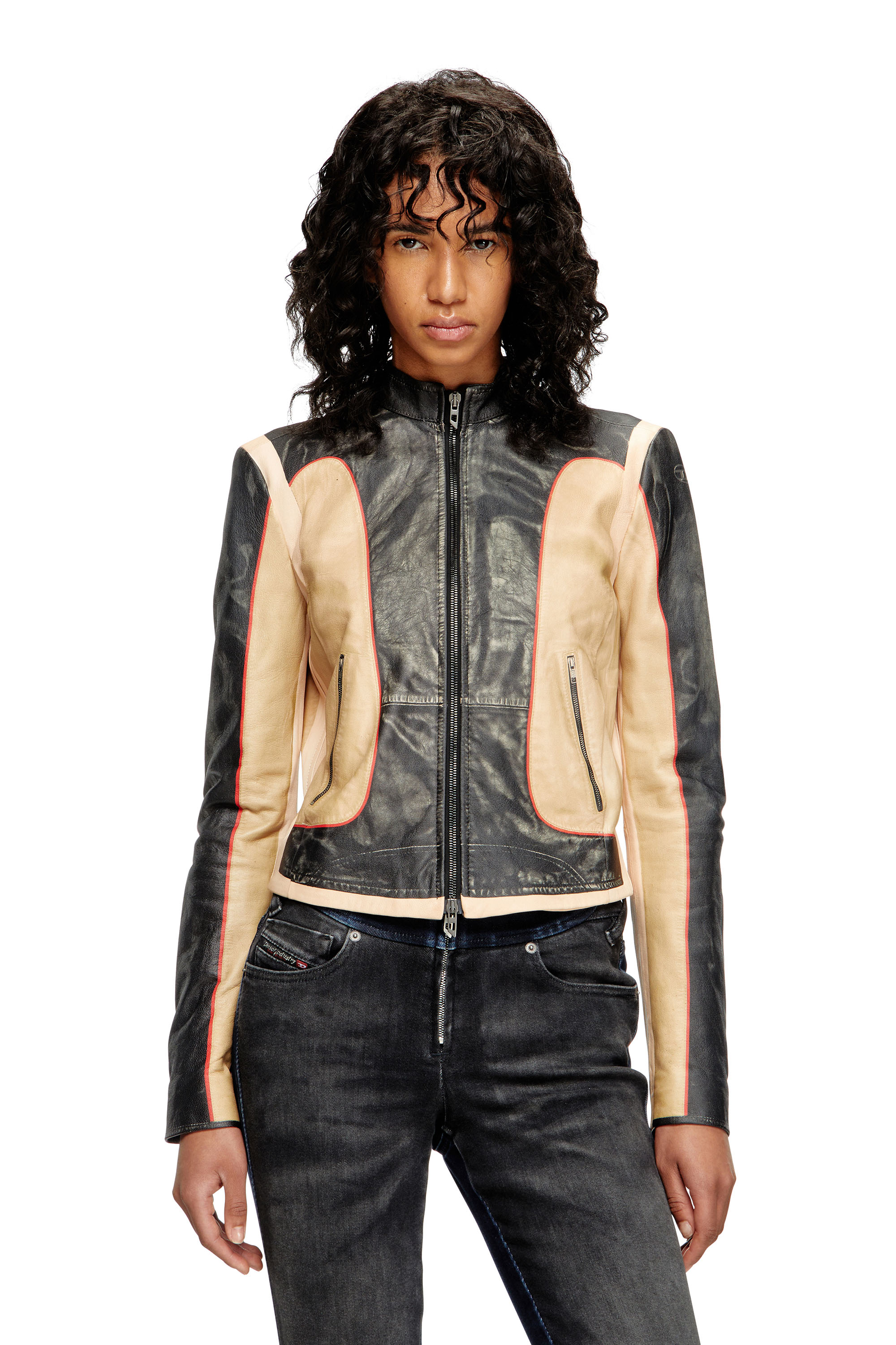 Diesel - L-OONIE, Giacca biker in pelle effetto trompe l'oeil Donna in Multicolor - 1